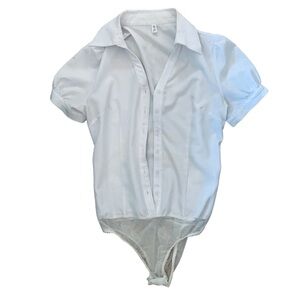 White XS bodysuit office fitted shirt short puff sleeve button down snap bottom